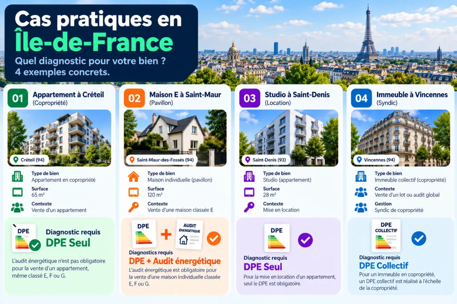 Quatre cas pratiques en Île-de-France : vente d'un appartement à Créteil, DPE seul ; vente d'une maison classée E à Saint-Maur-des-Fossés, DPE et audit énergétique ; location d'un studio à Saint-Denis, DPE seul ; immeuble en copropriété à Vincennes, DPE collectif.