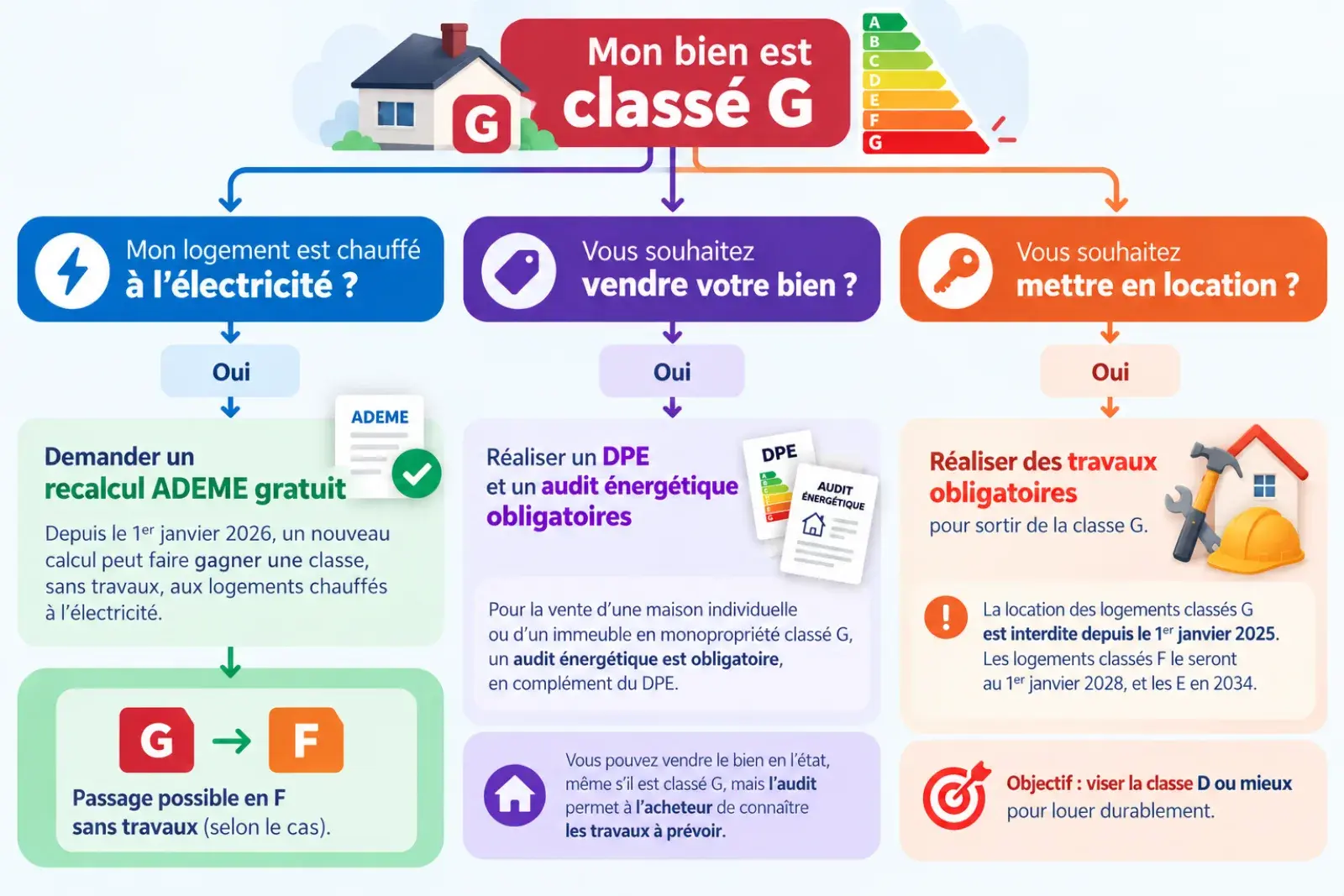 Arbre de décision pour un logement classé G : s'il est chauffé à l'électricité, demander l'actualisation gratuite du DPE sur le site de l'ADEME, qui peut le faire passer en F sans travaux ; pour vendre, réaliser un DPE et, pour une maison ou un immeuble en monopropriété, un audit énergétique ; pour louer, réaliser des travaux pour sortir de la classe G, en visant la classe D ou mieux, les logements F étant interdits à la location en 2028 et les E en 2034.