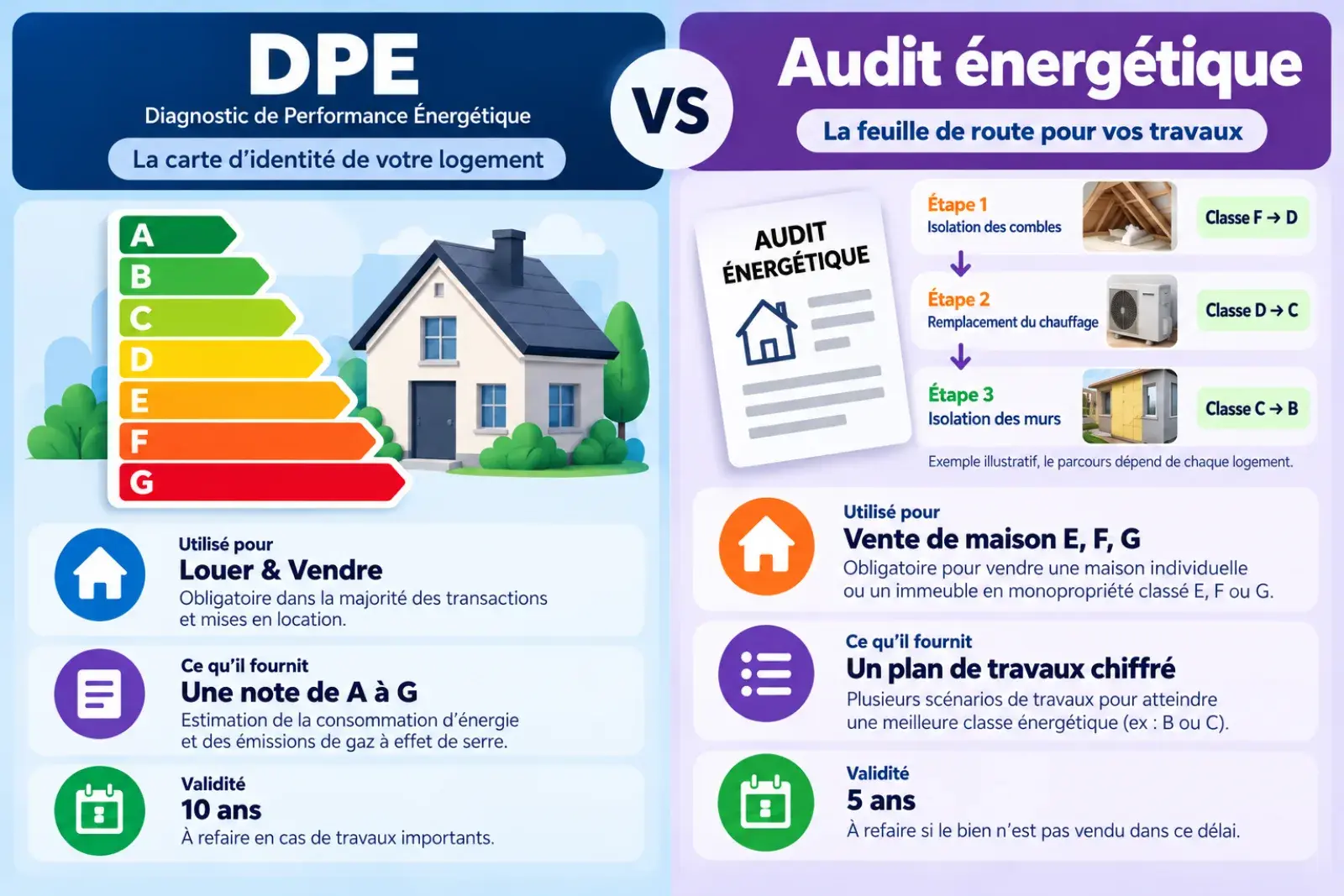 Comparatif du DPE et de l'audit énergétique. Le DPE, carte d'identité du logement, sert à louer et à vendre, donne une note de A à G et reste valable 10 ans. L'audit énergétique, feuille de route des travaux, est obligatoire pour vendre une maison ou un immeuble en monopropriété classé E, F ou G, propose un plan de travaux chiffré par étapes et reste valable 5 ans.
